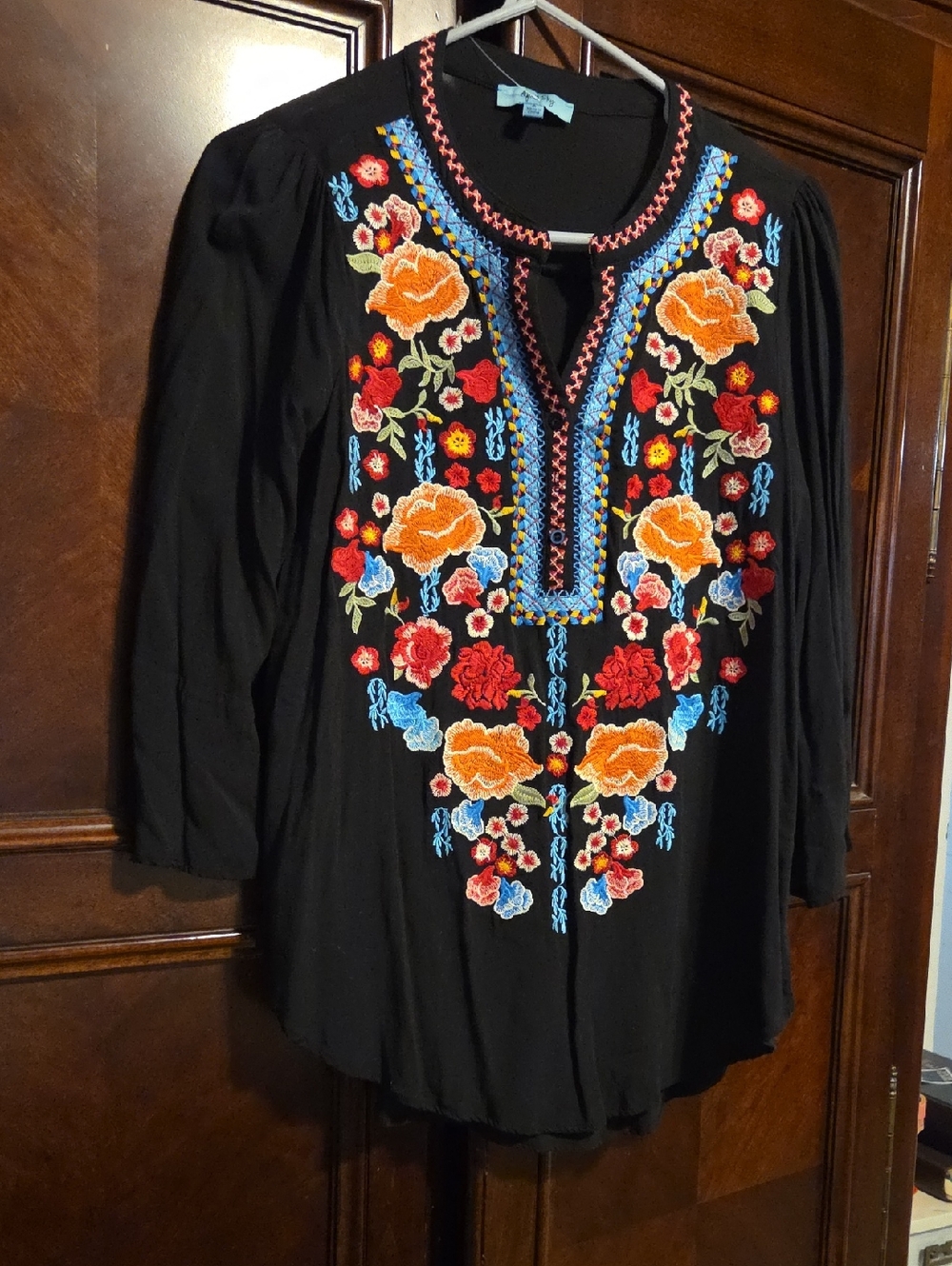 Black Embroidered Floral Peasant‎ Tunic Top